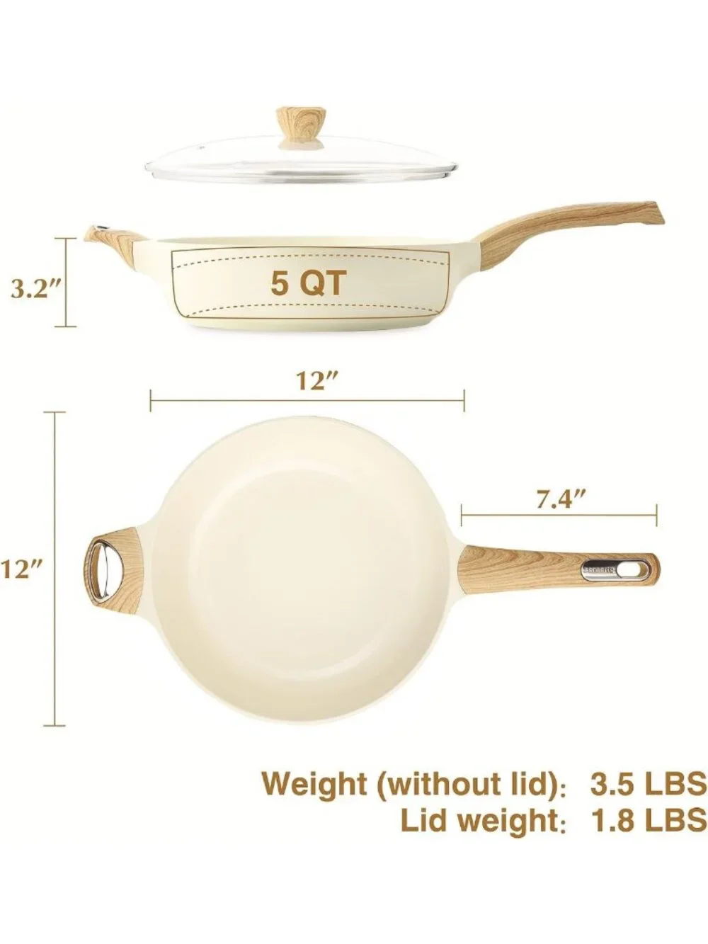 12-Inch Nonstick Ceramic Frying Pan with Lid, Deep Saute Pan, Induction